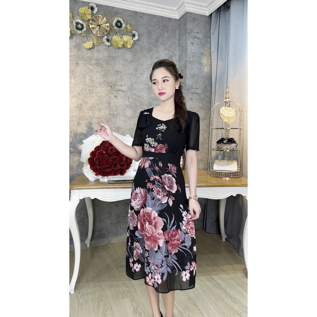 Đầm Họa Tiết Trung Niên   Cao Cấp Vải Voan Hàn Dáng Dài Sang Trọng Quý Phái Cực Xinh Bigsize Đi Tiệc