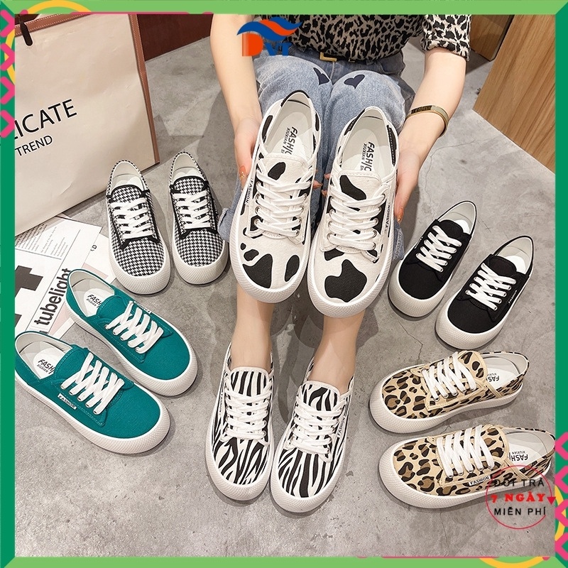 Giày sneaker nữ DVT họa tiết da báo, đế bánh mì, chất liệu vải cao cấp G12