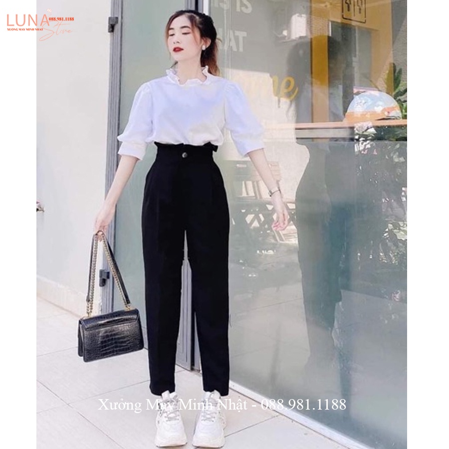 Quần baggy nữ cạp bèo cao 2 tầng xếp ly dáng quần tây đi học lưng cao vải Vitex dày học sinh đi làm công sở cách điệu
