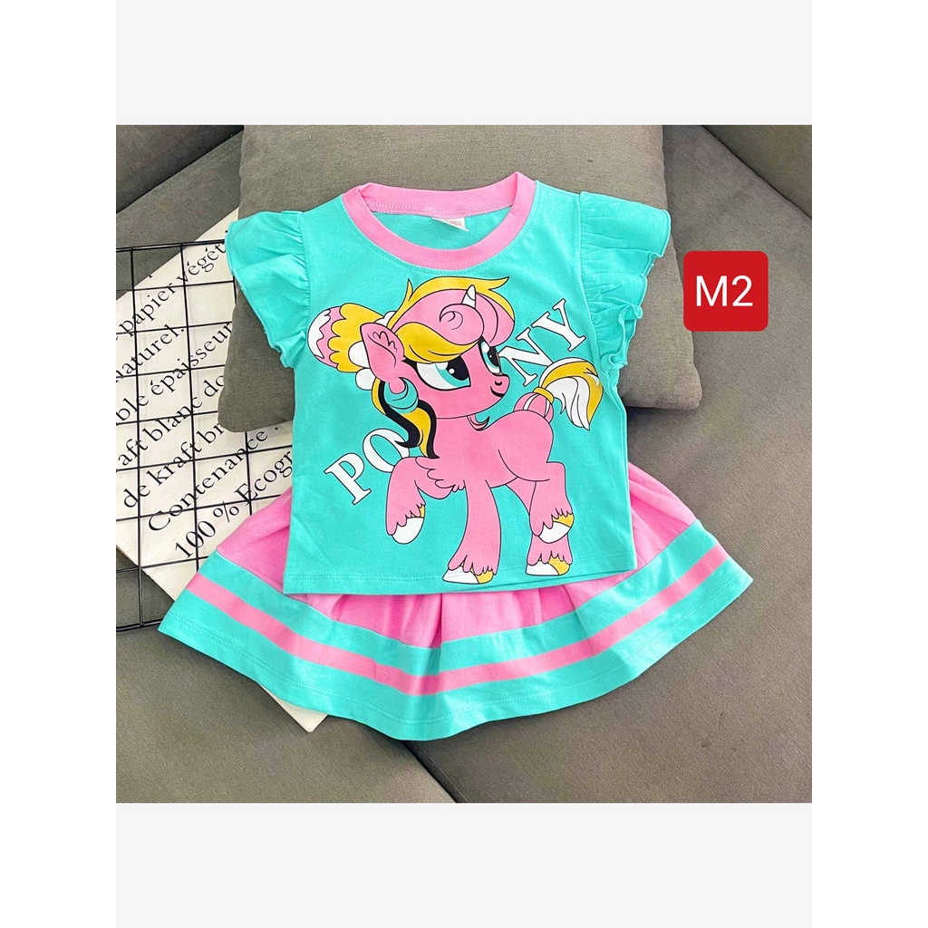 [20-40ký] GBV15 Set đồ bộ chân váy kèm quần chip cho bé gái thun cotton xuất dư hoạt hình hellokity pony- ĐỒ BỘ