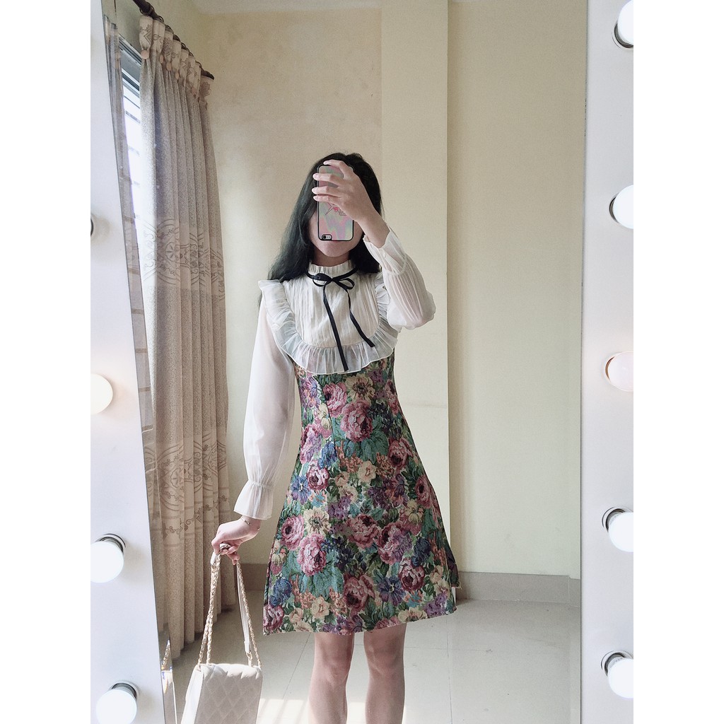 VÁY liền thêu hoa gấm - Váy cổ bèo tay dài - Váy tiểu thư công chúa - Váy ôm eo - Ảnh chụp thật