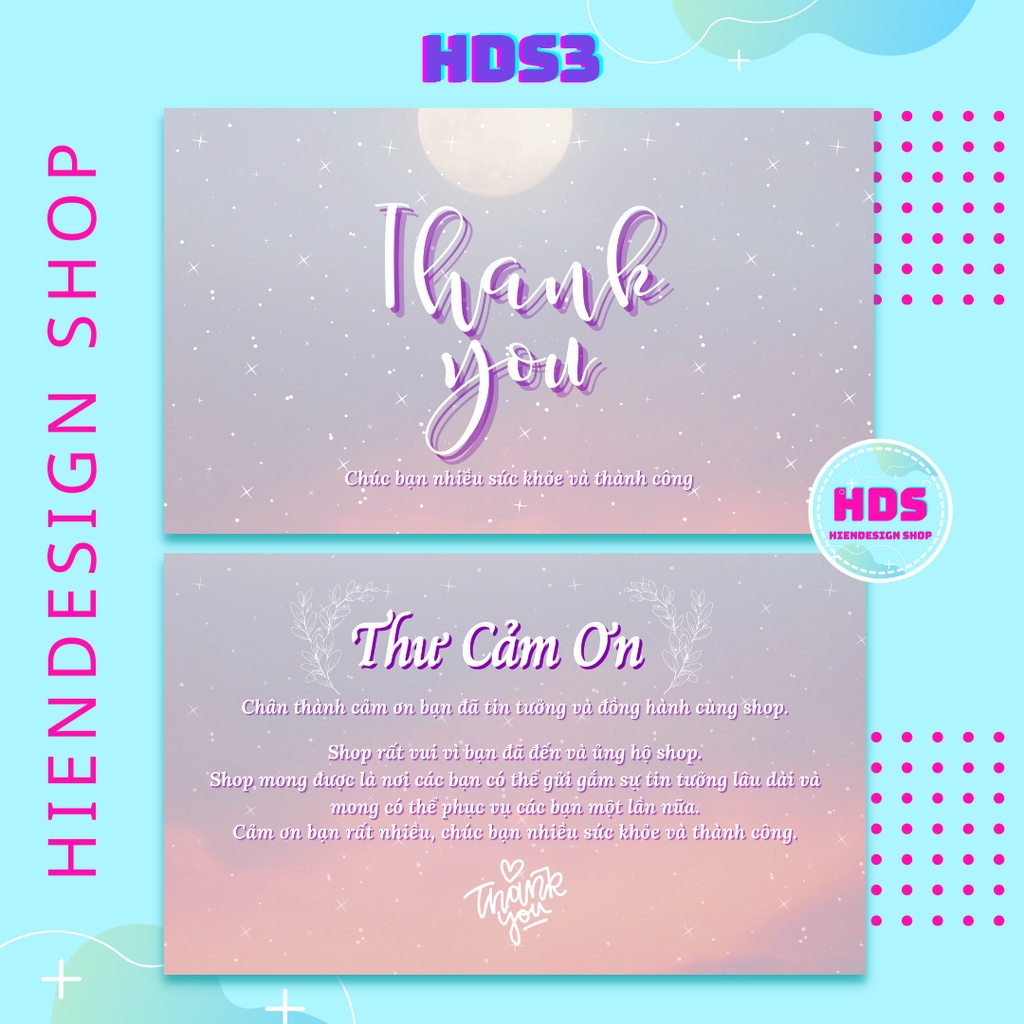 Hộp 100 - 500 Card Cám Ơn, Card Thank You, Thiệp Cảm Ơn Bầu Trời Đêm - Giấy C300 Cán Màng Mờ 2 Mặt Size 9x5,4cm