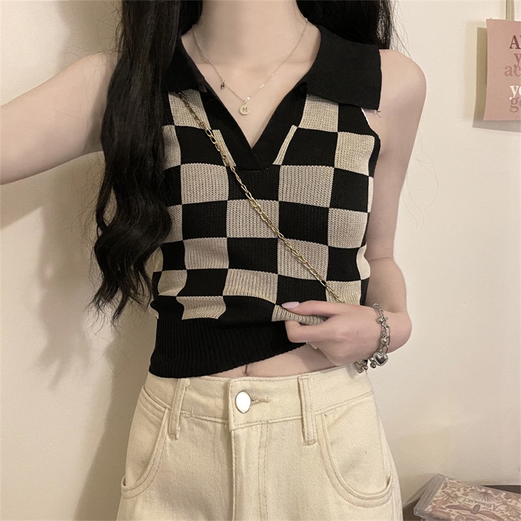 Áo croptop SUXI dệt kim họa tiết sọc ca rô phong cách Hàn Quốc