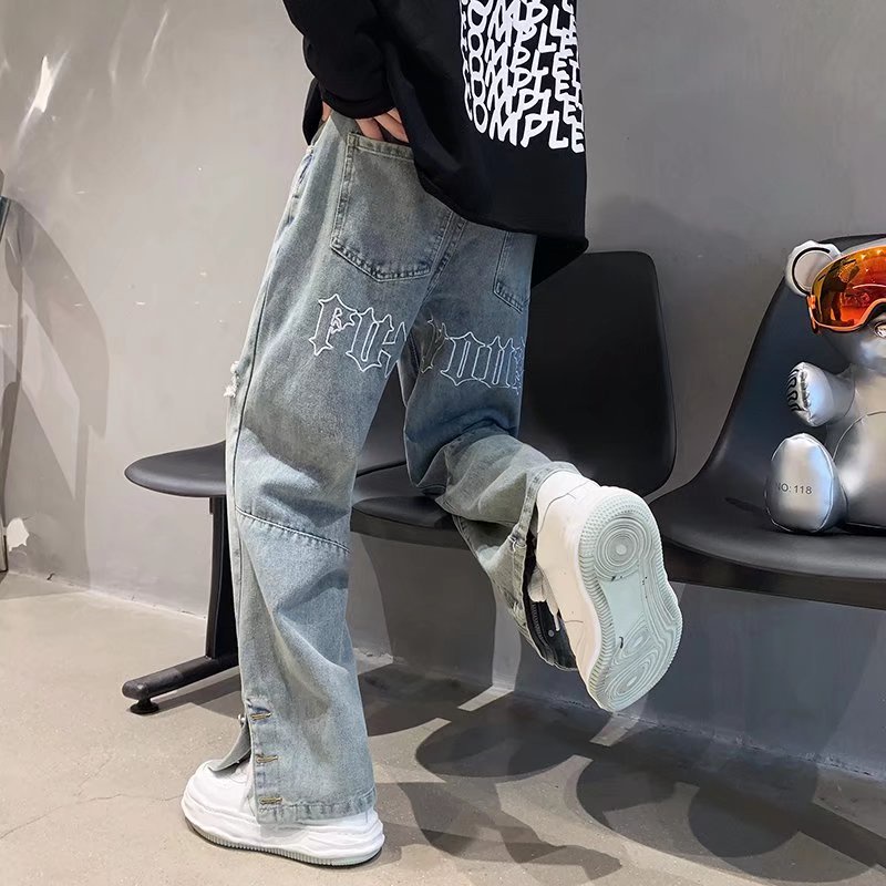 Quần Jean Ống Rộng Xẻ Rách Thêu Chữ Phong Cách Hip Hop Hàn Quốc Thời Trang Cho Nam Và Nữ 2022