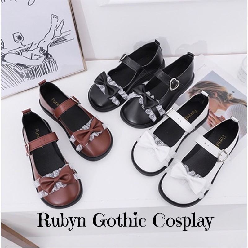 [CÓ SẴN]  Giày Búp Bê Lolita Mary Janes phối Nơ Ren quai dán khoá trái tim ( Size 35 - 39 )