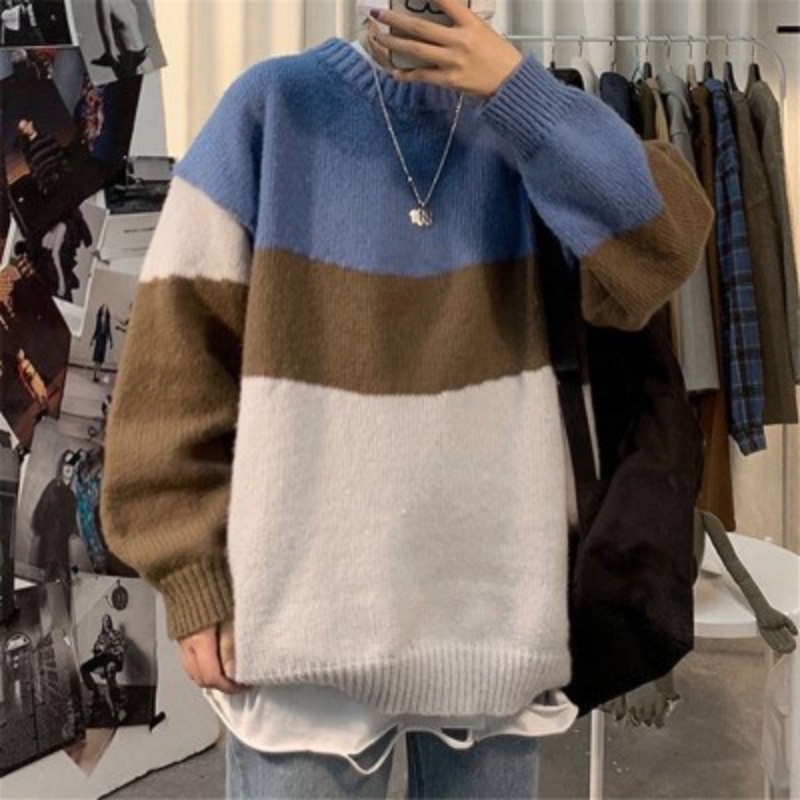 Áo sweater dệt kim tay dài dáng rộng kẻ sọc kiểu Hàn Quốc thời trang dành cho nam và nữ