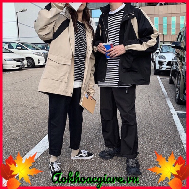 Áo khoác kaki nam nữ túi hộp phối màu kem đen- ảnh thật