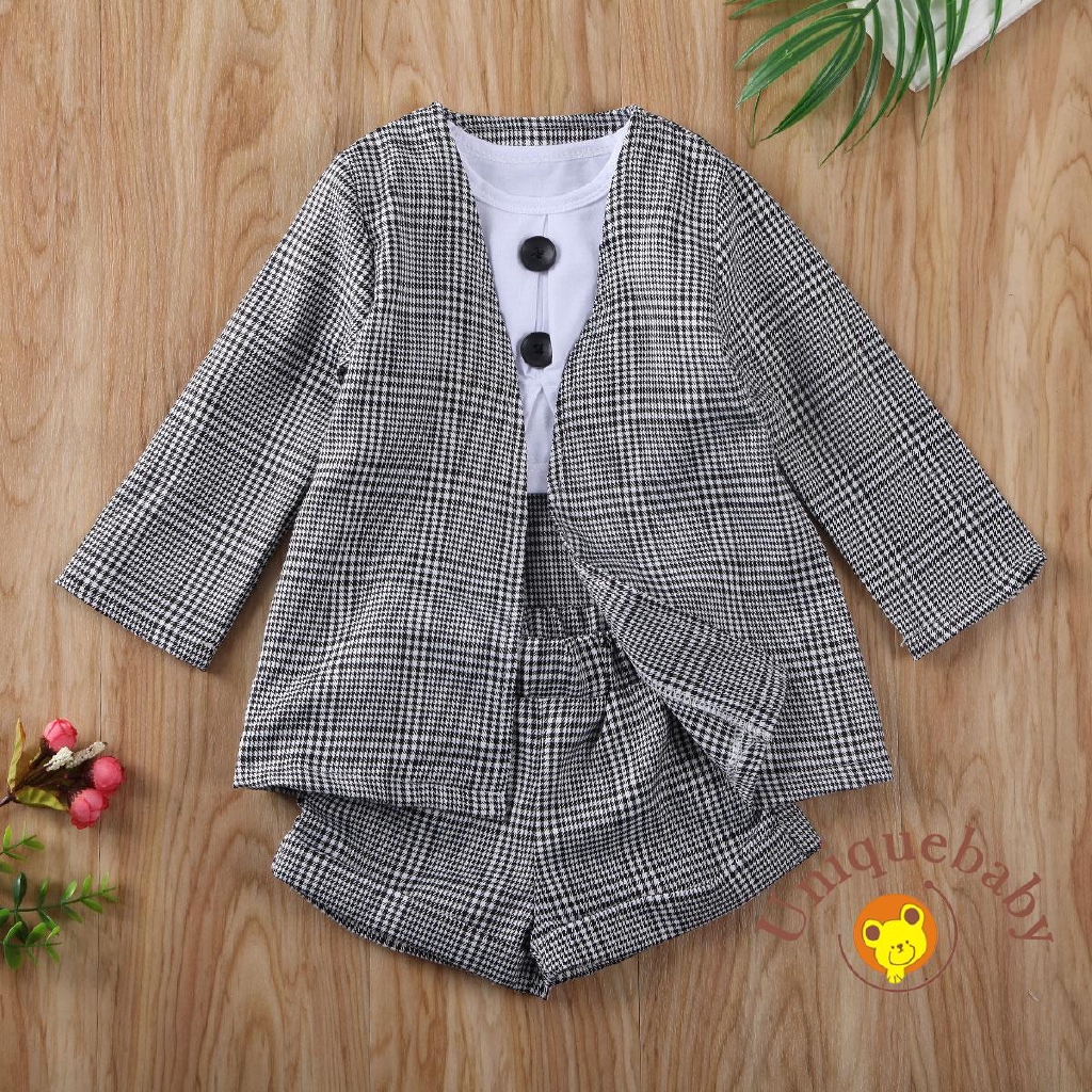 ☀UniBaby Girls Kids Plaid Short Sleeve Tops Pants Coat Formal Outfit Clothes 3PCS