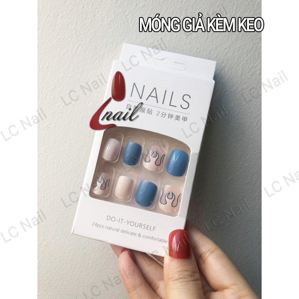 Móng giả Trắng Xanh họa tiết ngọn lửa LCR114 giá rẻ - Hộp Nails 24 Móng Tay Giả, Móng làm sẵn