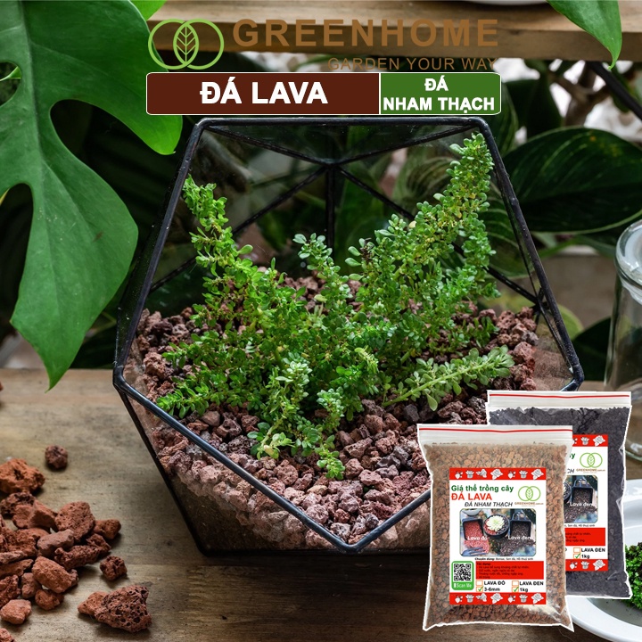 Đá nham thạch lava Greenhome, bao 1kg, màu đỏ, đen, size 3-6mm, sạch bụi, cho thủy sinh, bonsai, xương rồng