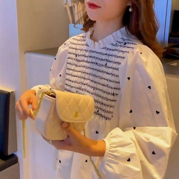 Áo Sơ Mi Tay Phồng Xếp Ly Dáng Rộng In Họa Tiết Trái Tim Xinh Xắn Thời Trang Cho Nữ