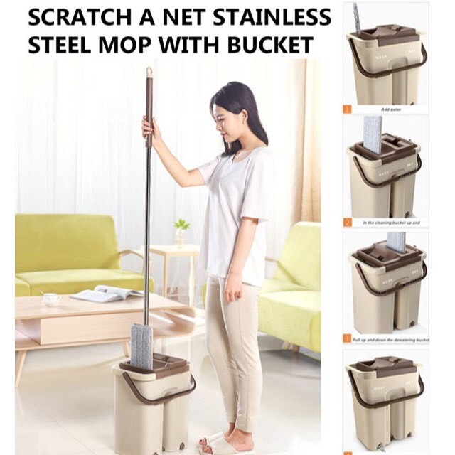 CHỔI LAU NHÀ THÔNG MINH TỰ VẮT SCRATCH ANET 4IN1 + 2 BÔNG LAU HÌNH CHỮ NHẬT SỢI VẢI MICROFIBER TIỆN 