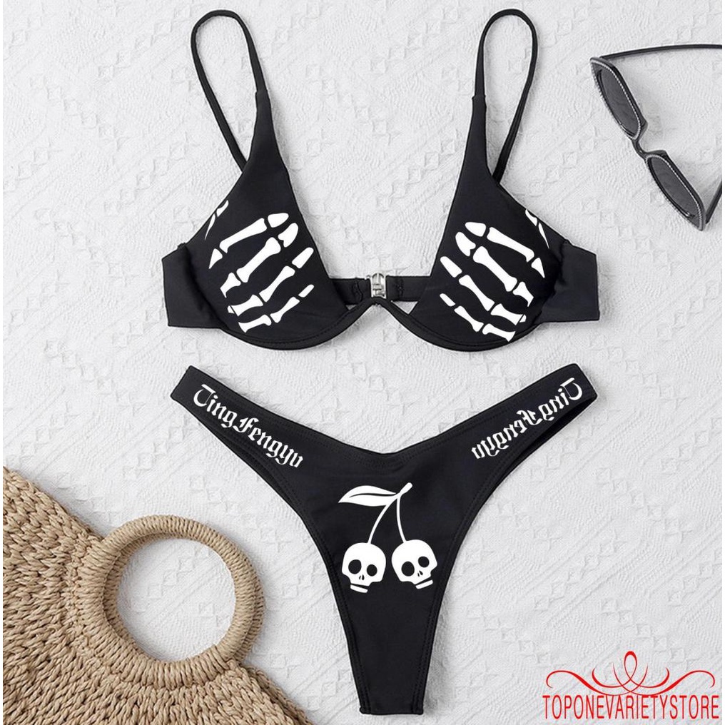 Bộ đồ bơi hai mảnh cổ chữ V khoét sâu in họa tiết đầu lâu có độn co giãn cho nữ