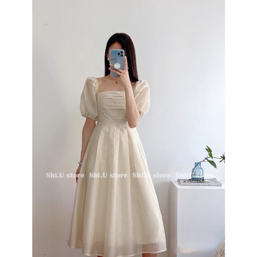 Váy voan tơ cổ vuông xếp ly ngực tay bồng dáng dài có chun sau lưng phong cách tiểu thư