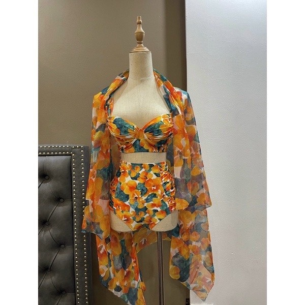 Bikini bộ bơi đồ bơi đi biển nữ set 3 món họa tiết hoa cam kèm khăn voan siêu sang EVA SHOP S3MHC