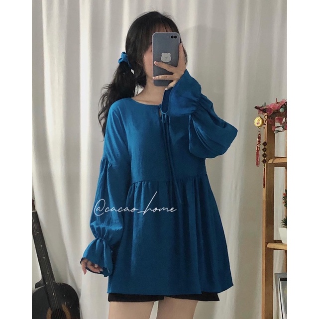 Áo babydoll tay phồng dài, cổ thắt nơ siêu xinh cùng quần short cạp chun tặng kèm scrunchie cùng màu