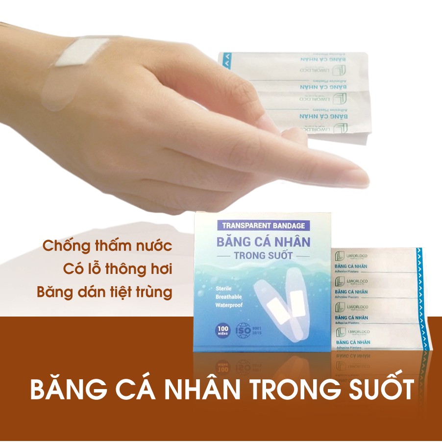 [HÀNG ĐẸP - CÓ MÃ VẠCH] HỘP 100 CÁI - BĂNG CÁ NHÂN TRONG SUỐT LIWORLDCO - THẨM MỸ, THÔNG THÓA, ĐỘ DÍNH CAO, ĐÀN HỒI TỐT