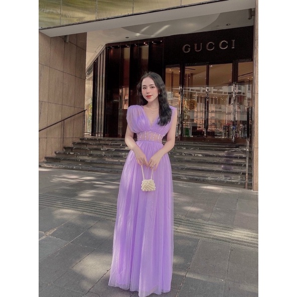 Đầm maxi sát nách lưới phồng dự tiệc / Tím