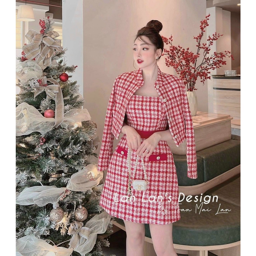SET ĐỒ NỮ 2 MÓN DỰ TIỆC, ĐẦM 2 DÂY + ÁO KHOÁC TAY DÀI ĐỎ XANH - TS54