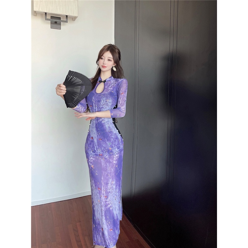 Mới Sườn Xám Cách Tân In Họa Tiết Thời Trang Quyến Rũ Cho Nữ