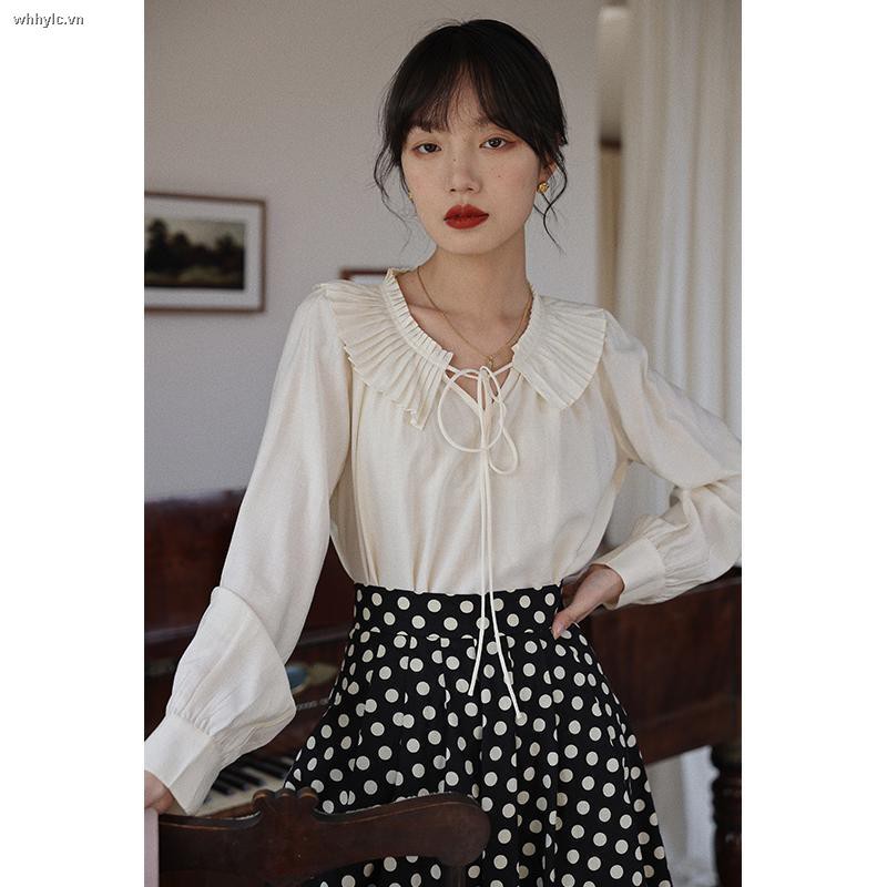 Honypove Áo Sơ Mi Trắng Tay Phồng Xếp Ly Kiểu Retro Pháp Thời Trang Xuân Hè 2021