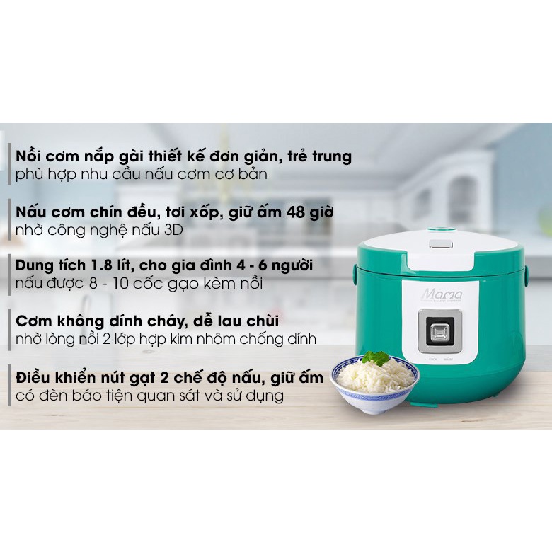 Nồi cơm nắp gài Sunhouse 1.8 lít SHD8658G Xanh - Mới - Bảo Hành Chính Hãng 14 Tháng