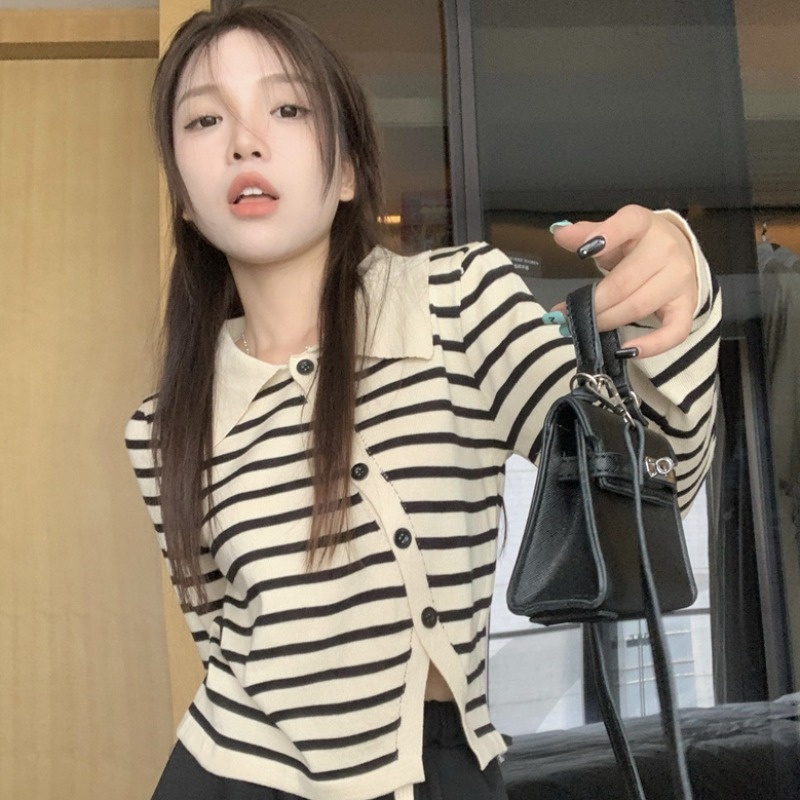 Áo cardigan ZHELIHANGFEI dệt kim cổ bẻ xẻ tà họa tiết kẻ sọc hợp thời trang