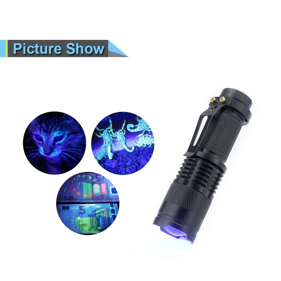 Mini LED UV Flashlight Torch Zoom 365nm/395nm Ultraviolet Violet Light Stains Money Detector AA/14500 Battery