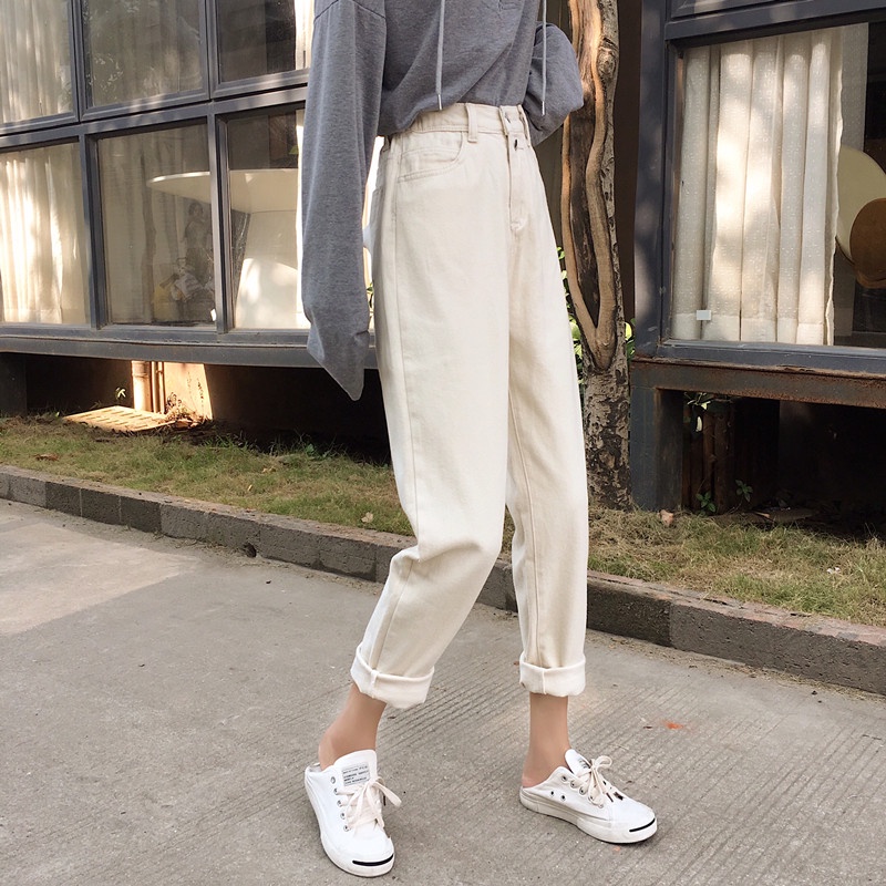 Quần jean lưng cao trơn màu cá tính theo phong cách Hàn Quốc