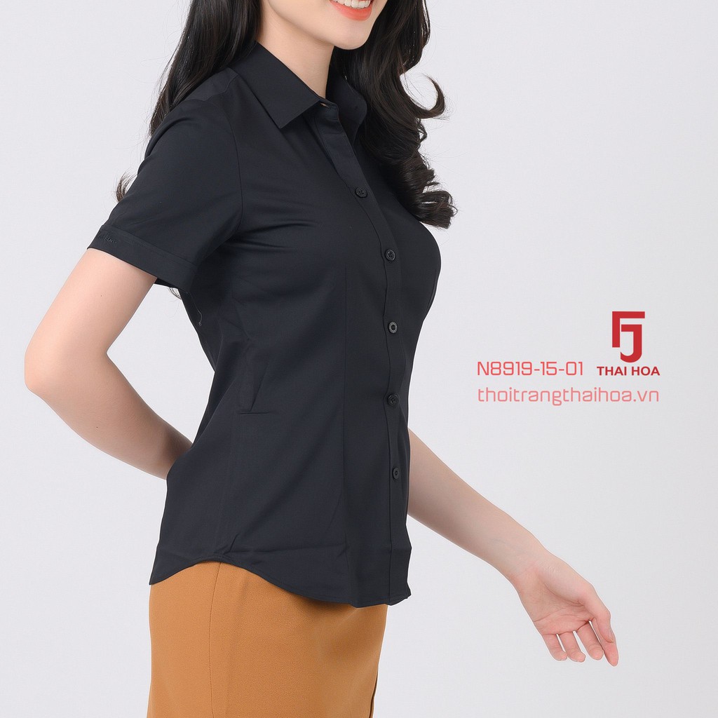 Áo sơ mi nữ công sở đen ngắn tay cao cấp kiểu bigsize sợi tre Thái Hoà N8919-15-01