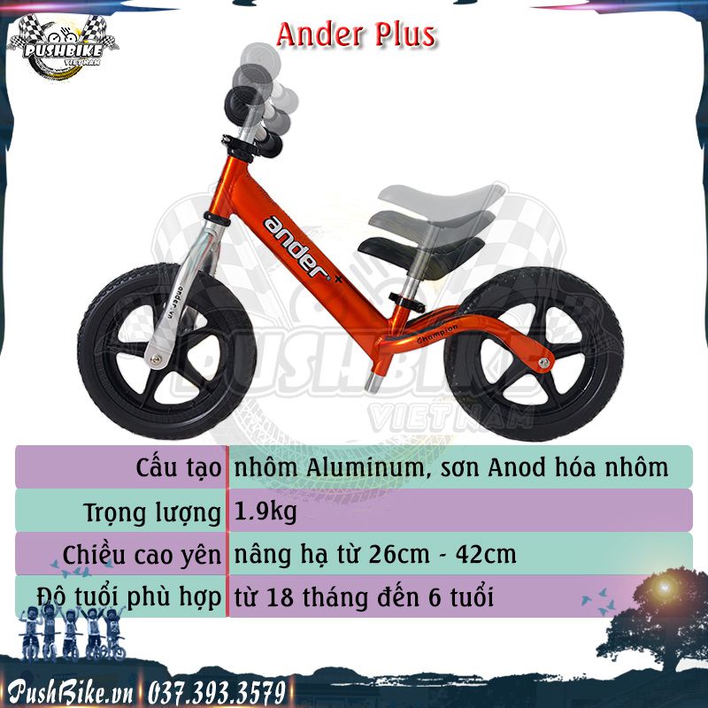 Xe chòi chân cho bé Ander Plus - Hợp kim nhôm aluminium, sơn anod hóa nhôm, nặng 1.9kg