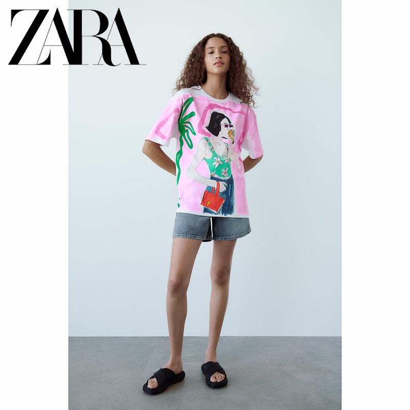 Áo Thun ZARA In Họa Tiết Phối Màu Tương Phản Cá Tính Cho Nữ