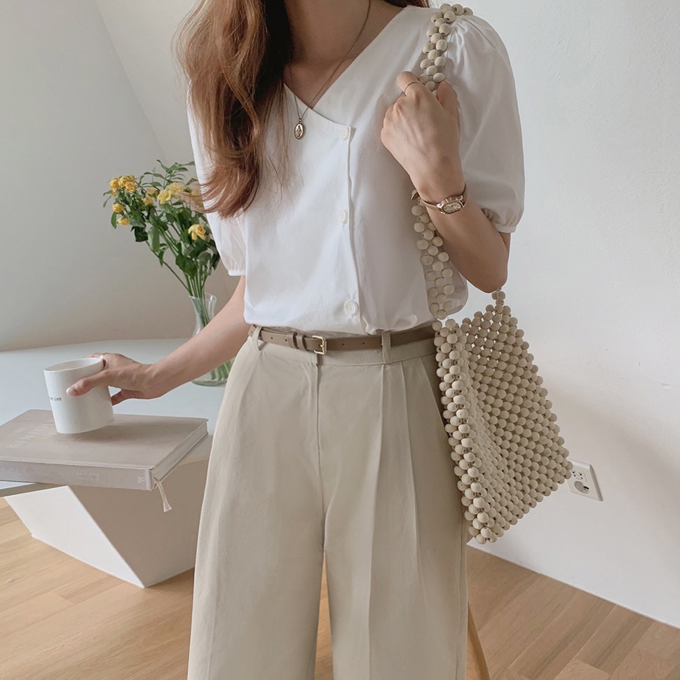 SUXI Áo Sơ Mi Tay Ngắn Cổ Chữ V Dáng Rộng Màu Sắc Đơn Giản Thời Trang Mùa Hè Cho Nữ