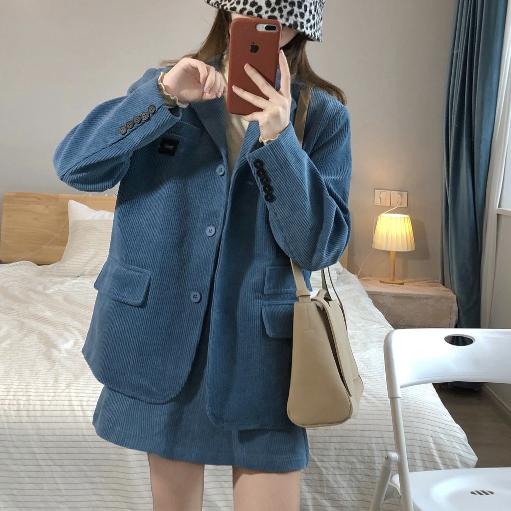 ẢNH THẬT Set nhung tăm gồm một áo blazer dài tay với chân váy chữ A thời trang nhà Inin Shop