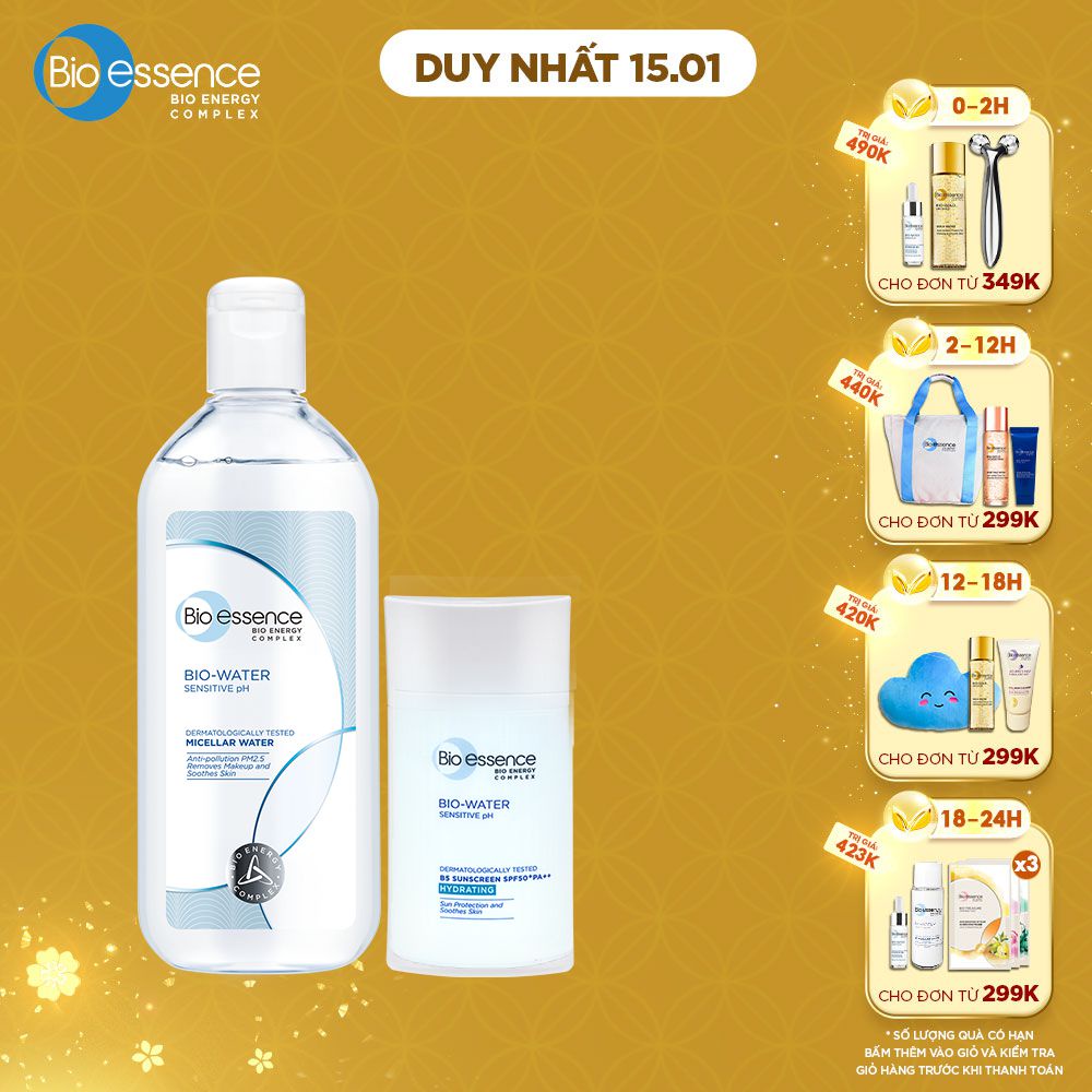 Bộ chăm da sạch khỏe BioEssence BioWater(Kem chống nắng B5 Sunscreen SPF50+PA++40ml+Nước tẩy trang Micellar Water 100ml)