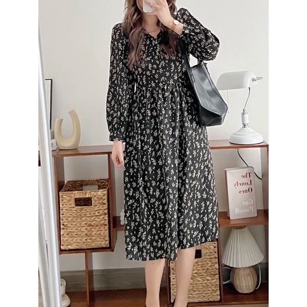 Váy babydoll dáng dài đầm hoa nhí trắng đen hàn quốc dài tay vintage tiểu thư đẹp