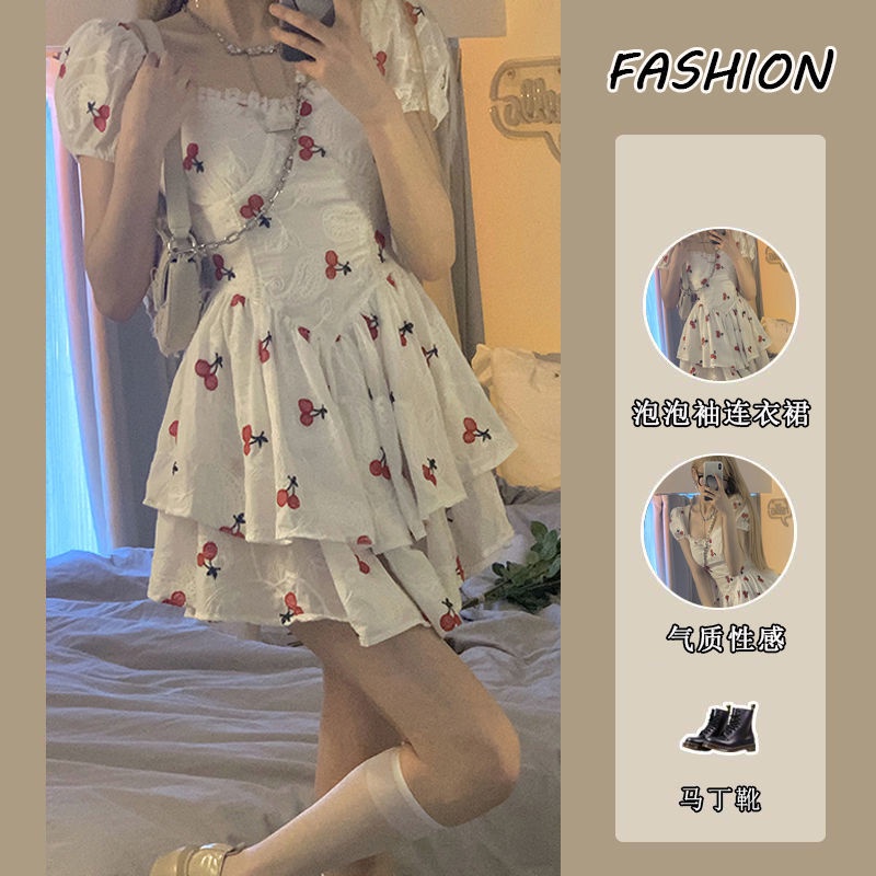 Đầm Tay Phồng Họa Tiết Quả cherry Dành Cho Nữ