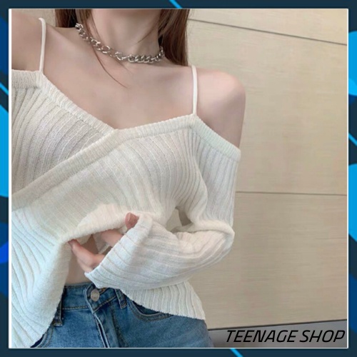 Áo len croptop trễ vai tay dài nữ Hàn Quốc ulzzang | BigBuy360 - bigbuy360.vn