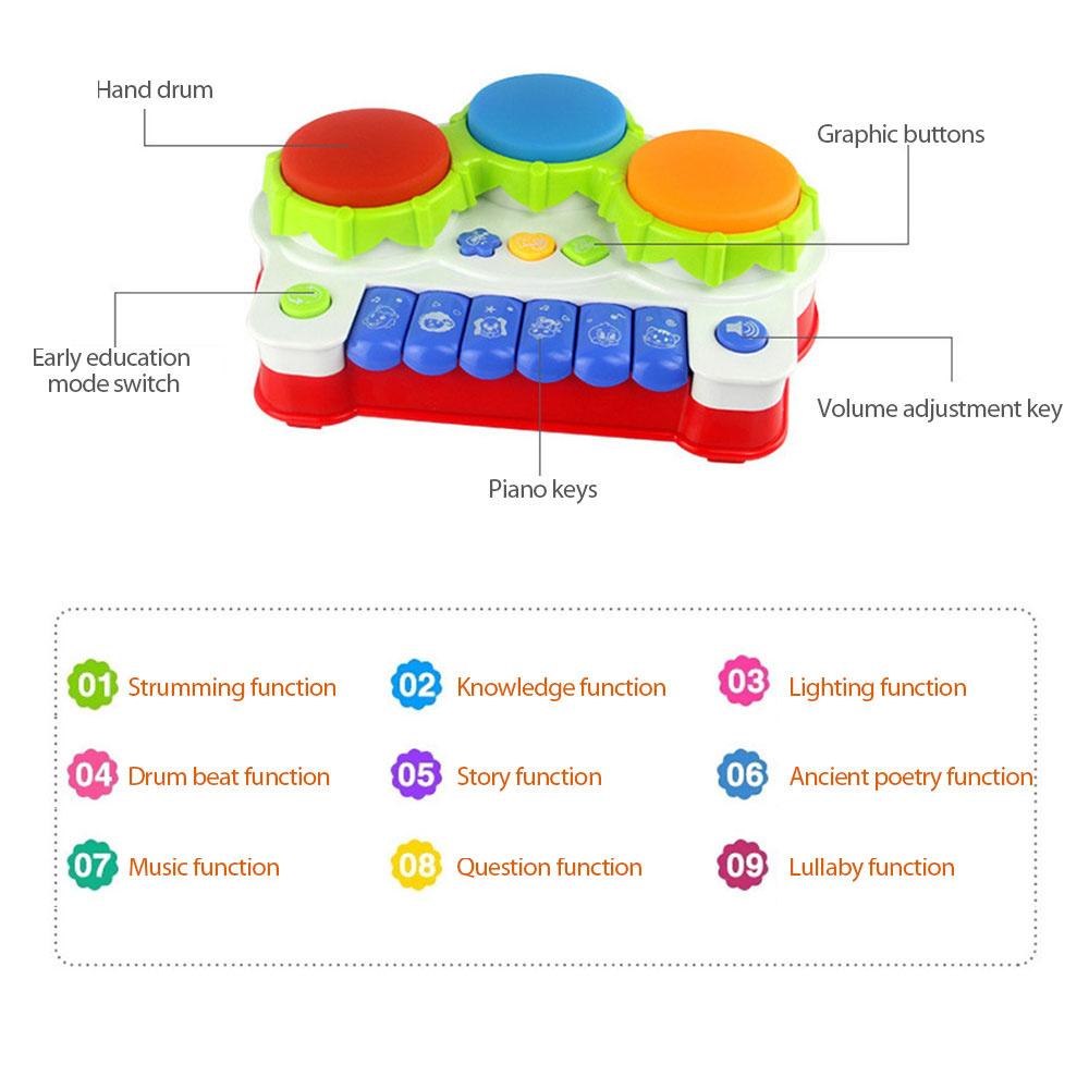 ♡ Children's electric hand drum toy sound and light music educational electronic organ 2 in 1 toy ▍MOON