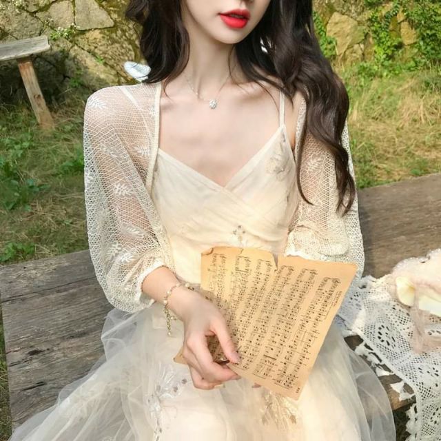 Đầm dây cổ tích lưới thêu hoa ngọt ngào ulzzang | BigBuy360 - bigbuy360.vn