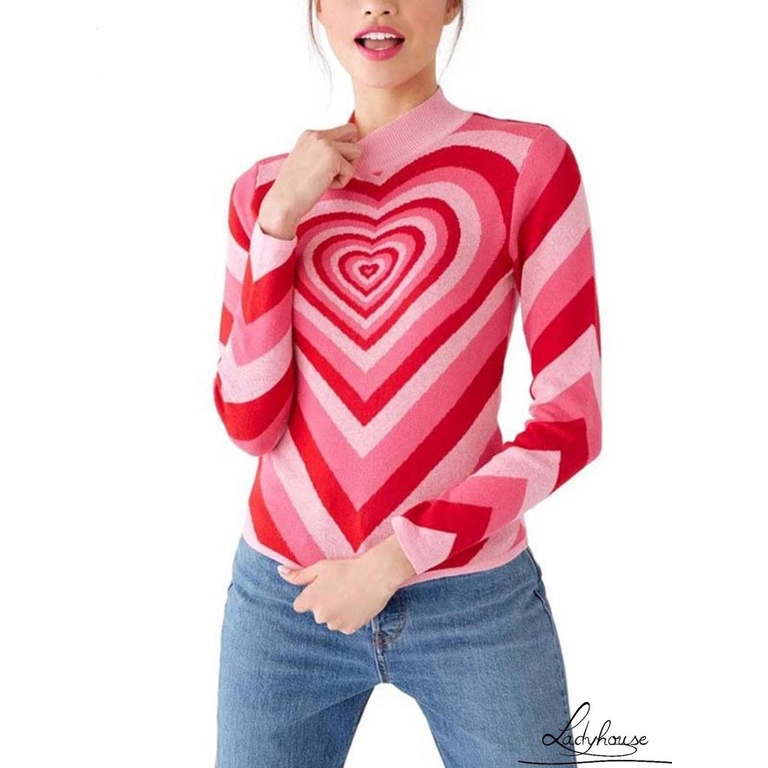 Áo Sweater Dệt Kim Chui Đầu Cổ Tròn Tay Dài In Hình Trái Tim Thời Trang Thu Đông Cho Nữ