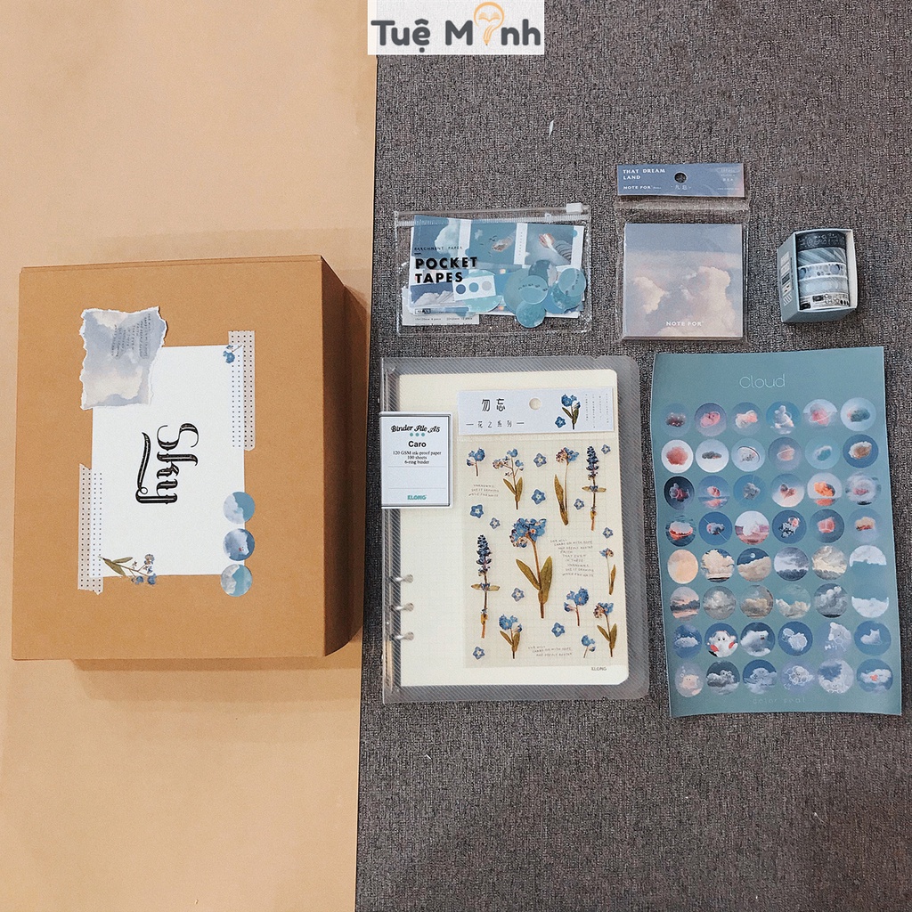Set trang trí sổ Bullet journal Sky- bộ quà tặng sổ còng binder Klong, sticker, note, washi tape Luv102
