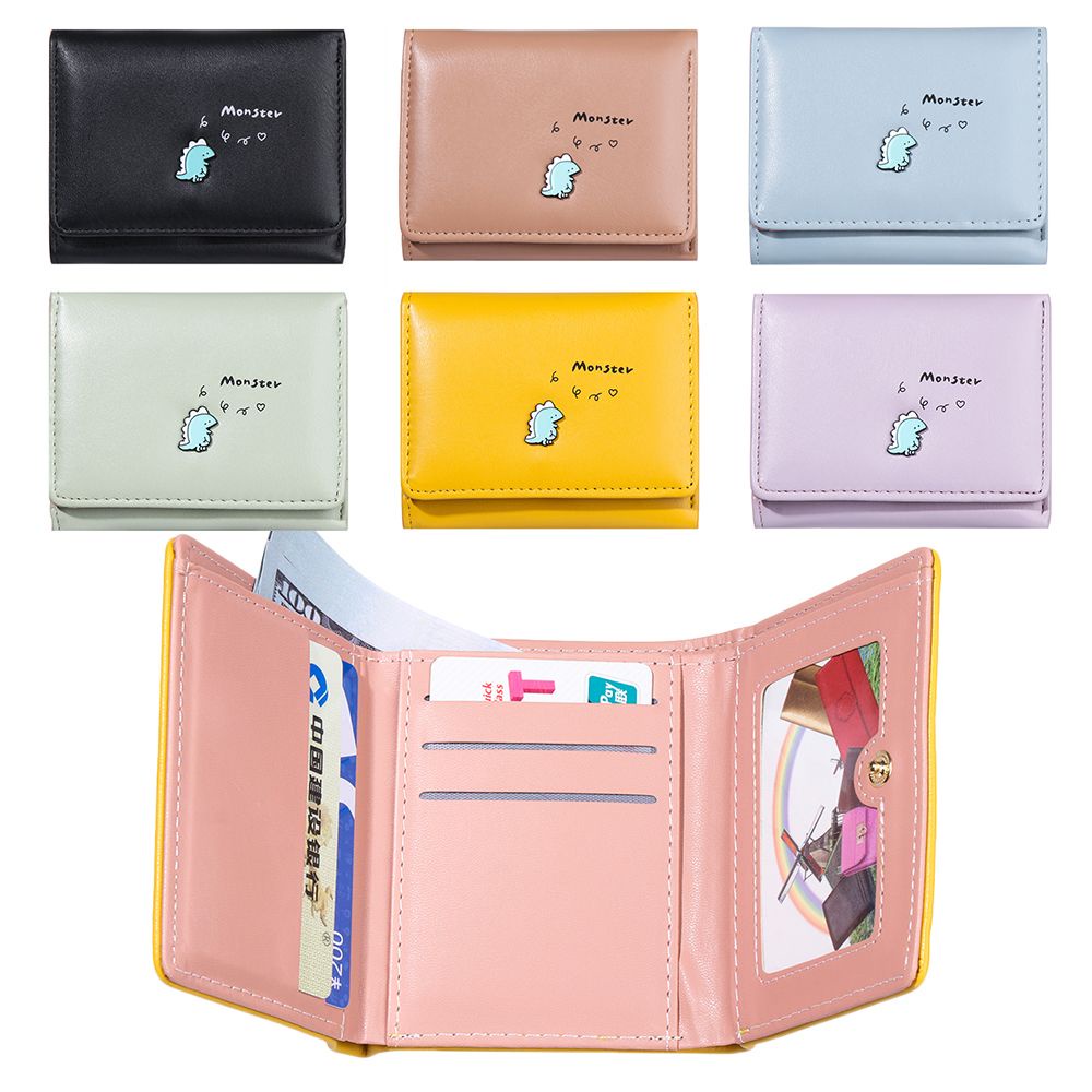 Ví da PU dáng ngắn gấp gọn họa tiết khủng long nhỏ hoạt hình đáng yêu chất lượng cao dành cho nữ