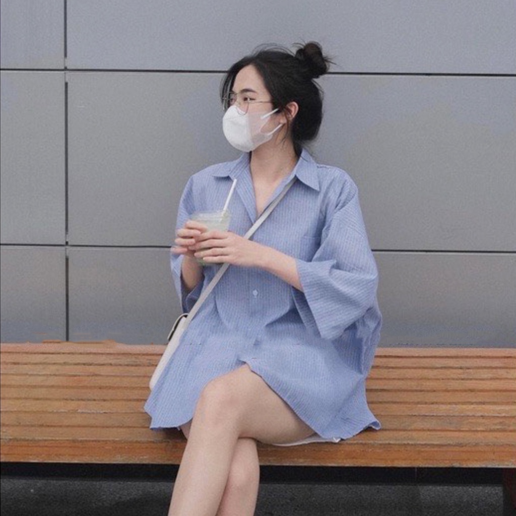 Áo sơ mi kẻ sọc form rộng Hàn Quốc, Áo sơ mi tay lỡ style Ulzzang