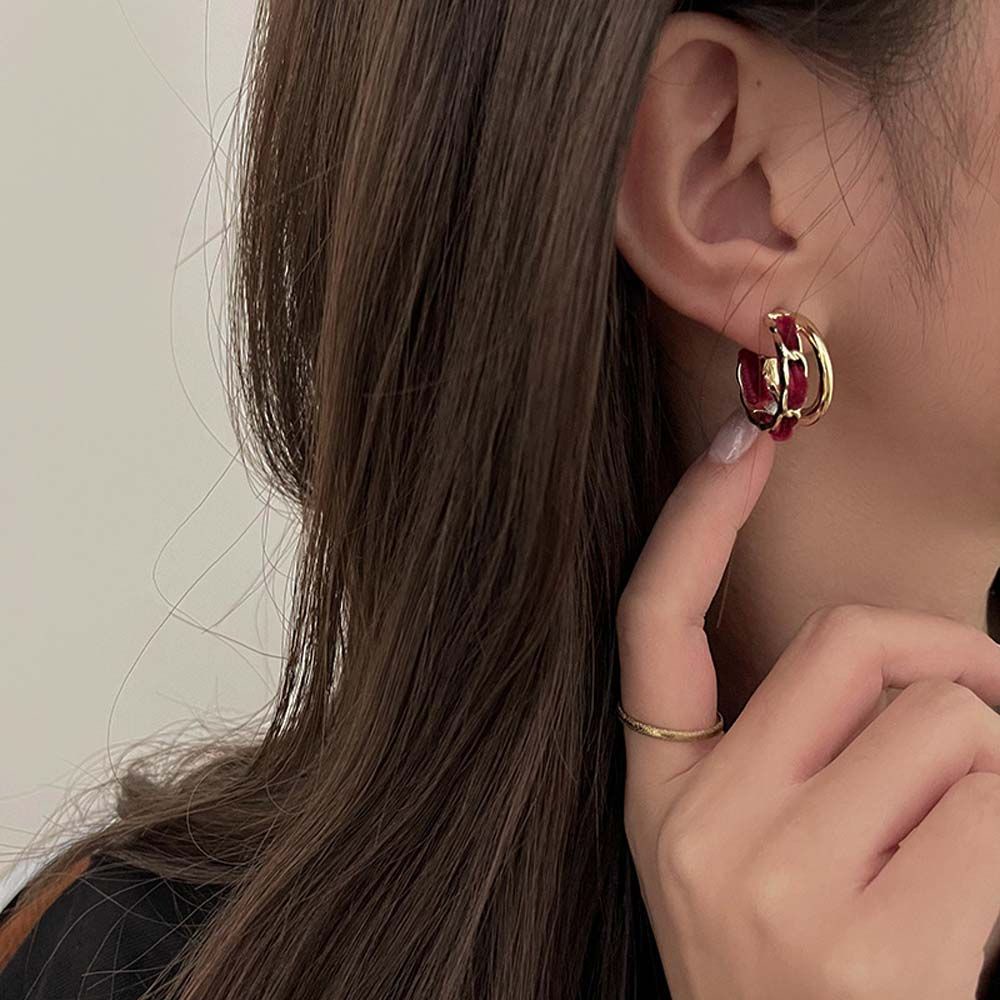 Bông tai tròn hai lớp bằng kim loại màu đỏ trắng đen phong cách Hàn Quốc đơn giản cho nữ