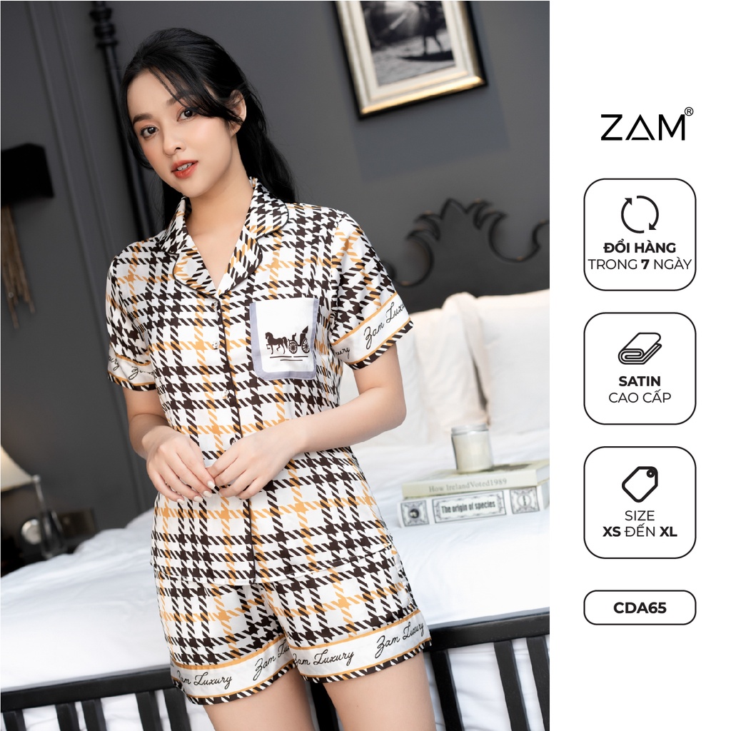 Bộ ngủ satin ZAM Luxury - CDA65 - aó ngắn tay quần đùi hoạ tiết