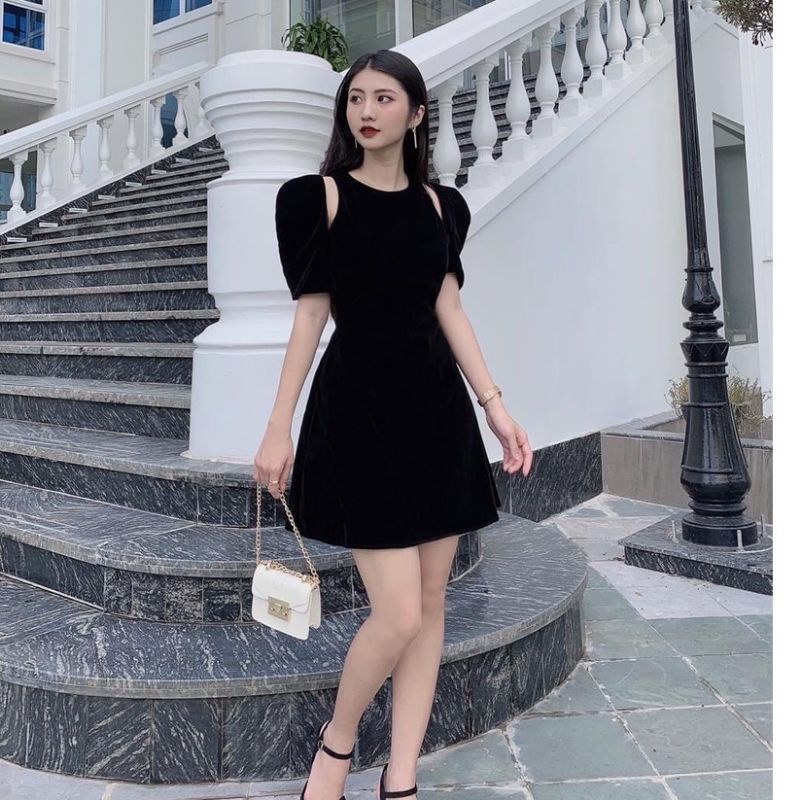 Đầm đỏ mặc Tết, đầm chất nhung tay bồng khoét vai 2 màu xinh xắn Danie Dress