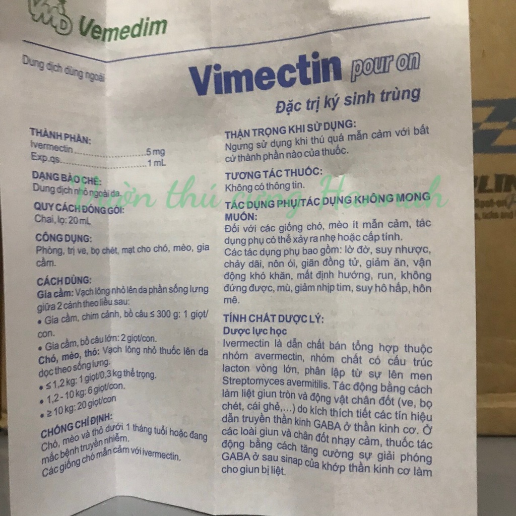 VIMECTIN POUR ON 20ML - VE, BỌ CHÉT CHÓ MÈO, MẠT GÀ