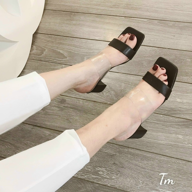 Dép cao gót nữ gót vuông 6p 2 quai (1 trong,1 da) mẫu mới