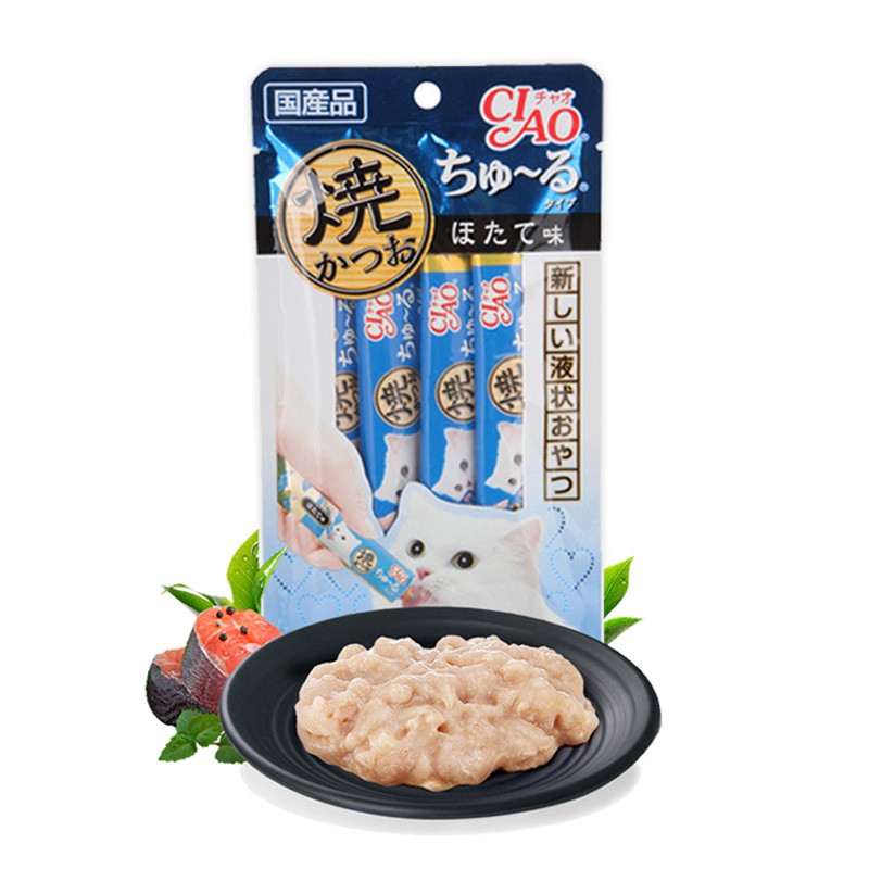 Súp dinh dưỡng, bánh thưởng cho mèo Inaba Ciao Churu gói 4 tuýp *12g vị Cá ngừ nướng và nước sốt sò điệp 4R105
